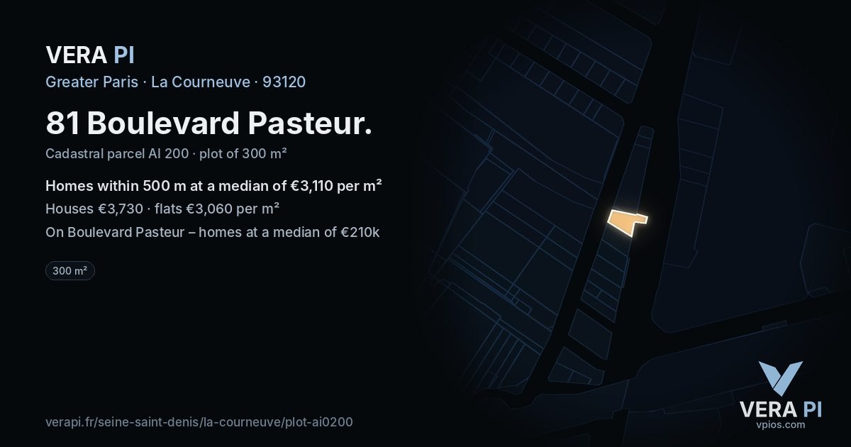 81 Boulevard Pasteur, La Courneuve at night – the plot lit, the parcels around coloured by the prices near them