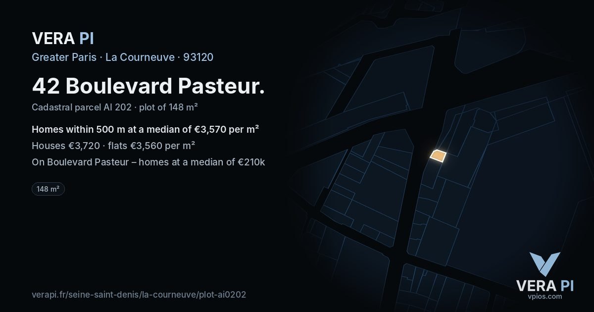 42 Boulevard Pasteur, La Courneuve at night – the plot lit, the parcels around coloured by the prices near them