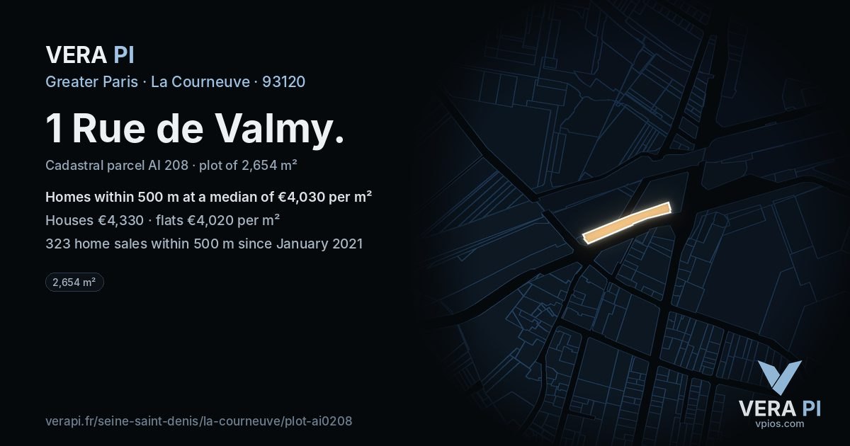 1 Rue de Valmy, La Courneuve at night – the plot lit, the parcels around coloured by the prices near them