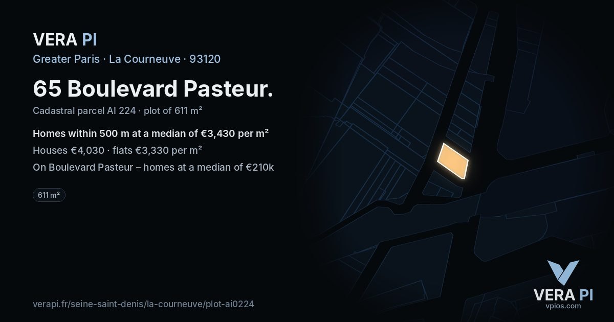 65 Boulevard Pasteur, La Courneuve at night – the plot lit, the parcels around coloured by the prices near them