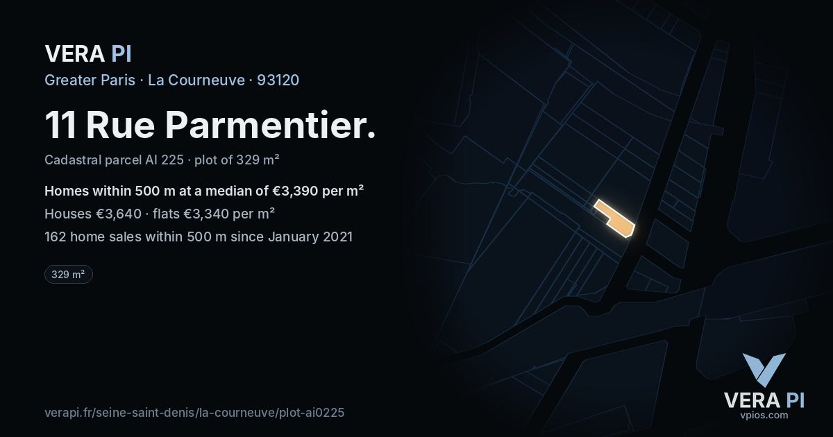 11 Rue Parmentier, La Courneuve at night – the plot lit, the parcels around coloured by the prices near them