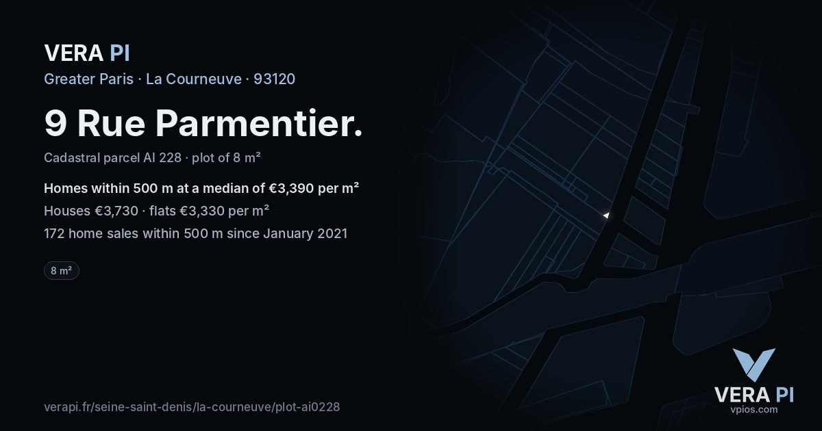 9 Rue Parmentier, La Courneuve at night – the plot lit, the parcels around coloured by the prices near them