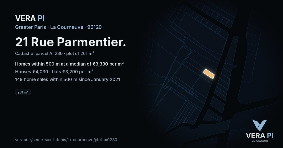 21 Rue Parmentier, La Courneuve at night – the plot lit, the parcels around coloured by the prices near them