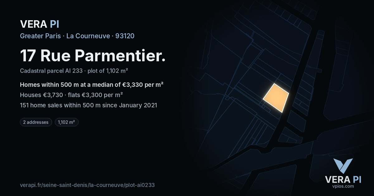 17 Rue Parmentier, La Courneuve at night – the plot lit, the parcels around coloured by the prices near them