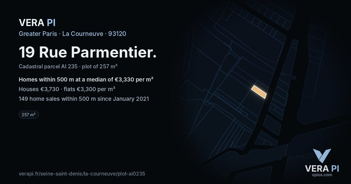 19 Rue Parmentier, La Courneuve at night – the plot lit, the parcels around coloured by the prices near them