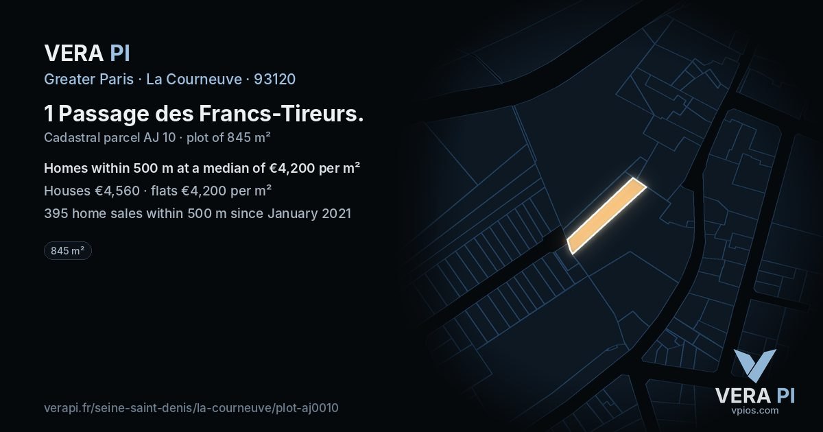 1 Passage des Francs-Tireurs, La Courneuve at night – the plot lit, the parcels around coloured by the prices near them