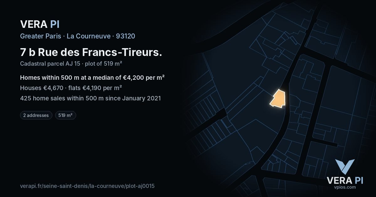 7 b Rue des Francs-Tireurs, La Courneuve at night – the plot lit, the parcels around coloured by the prices near them