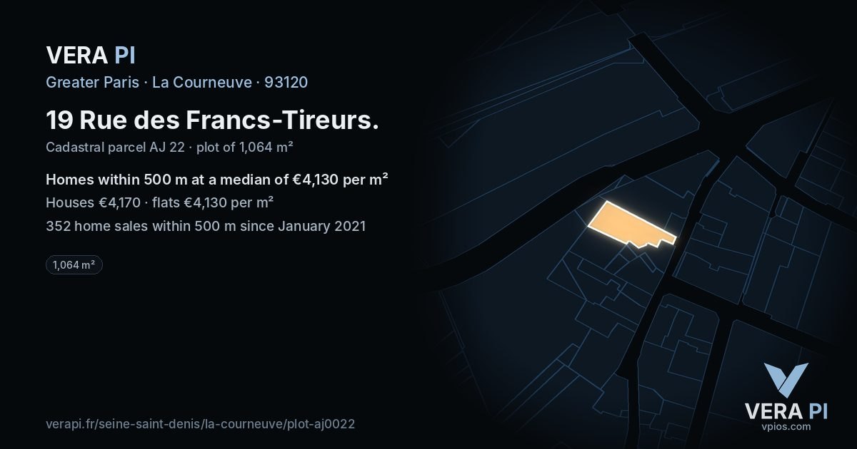 19 Rue des Francs-Tireurs, La Courneuve at night – the plot lit, the parcels around coloured by the prices near them