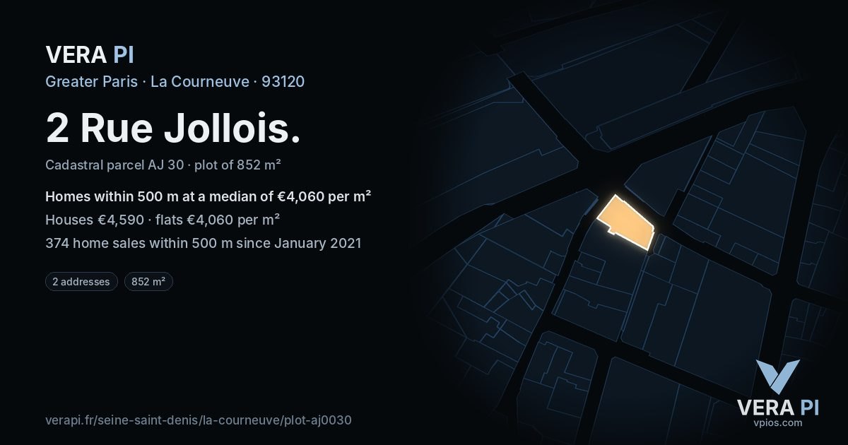 2 Rue Jollois, La Courneuve at night – the plot lit, the parcels around coloured by the prices near them