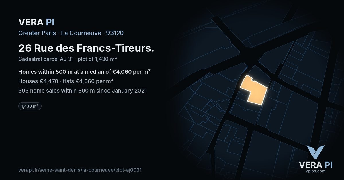 26 Rue des Francs-Tireurs, La Courneuve at night – the plot lit, the parcels around coloured by the prices near them