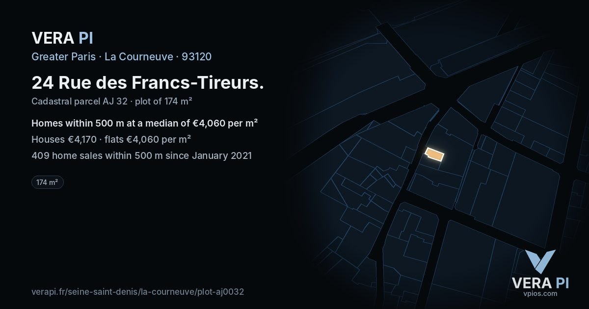 24 Rue des Francs-Tireurs, La Courneuve at night – the plot lit, the parcels around coloured by the prices near them