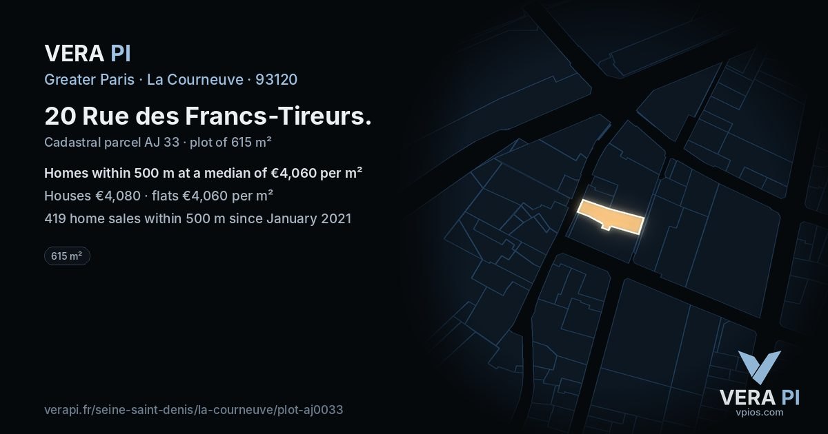 20 Rue des Francs-Tireurs, La Courneuve at night – the plot lit, the parcels around coloured by the prices near them