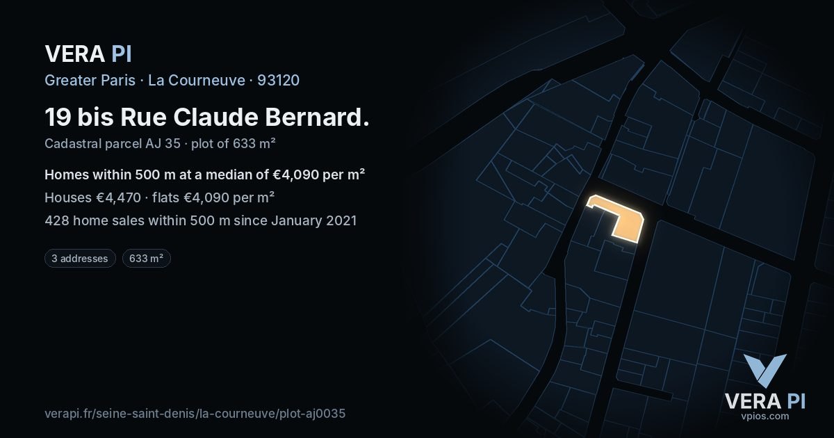 19 bis Rue Claude Bernard, La Courneuve at night – the plot lit, the parcels around coloured by the prices near them