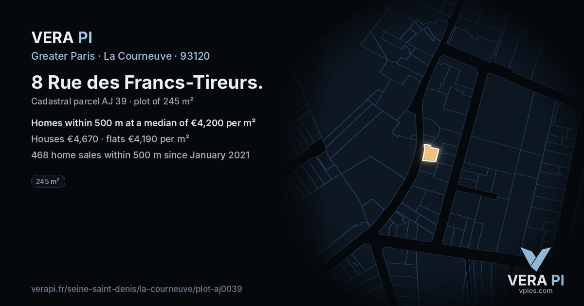 8 Rue des Francs-Tireurs, La Courneuve at night – the plot lit, the parcels around coloured by the prices near them
