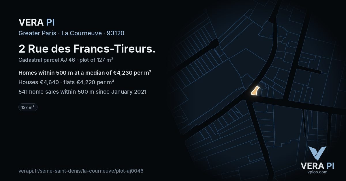 2 Rue des Francs-Tireurs, La Courneuve at night – the plot lit, the parcels around coloured by the prices near them