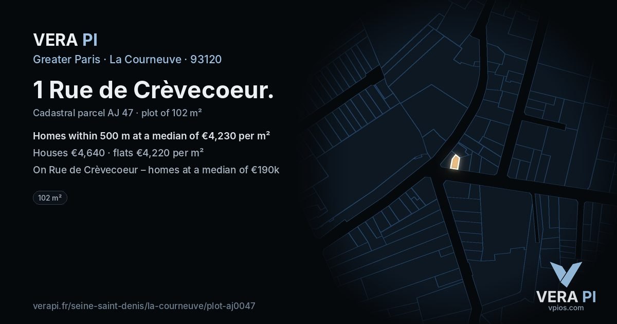 1 Rue de Crèvecoeur, La Courneuve at night – the plot lit, the parcels around coloured by the prices near them
