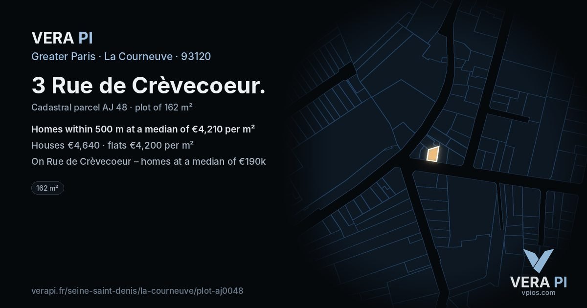 3 Rue de Crèvecoeur, La Courneuve at night – the plot lit, the parcels around coloured by the prices near them