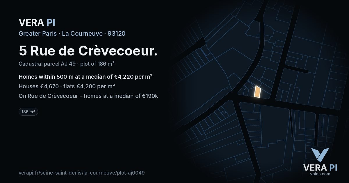 5 Rue de Crèvecoeur, La Courneuve at night – the plot lit, the parcels around coloured by the prices near them
