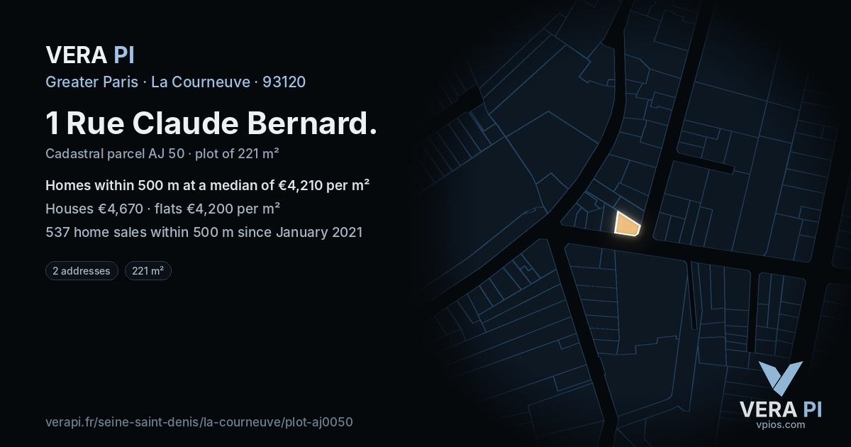1 Rue Claude Bernard, La Courneuve at night – the plot lit, the parcels around coloured by the prices near them