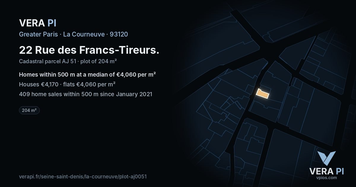 22 Rue des Francs-Tireurs, La Courneuve at night – the plot lit, the parcels around coloured by the prices near them