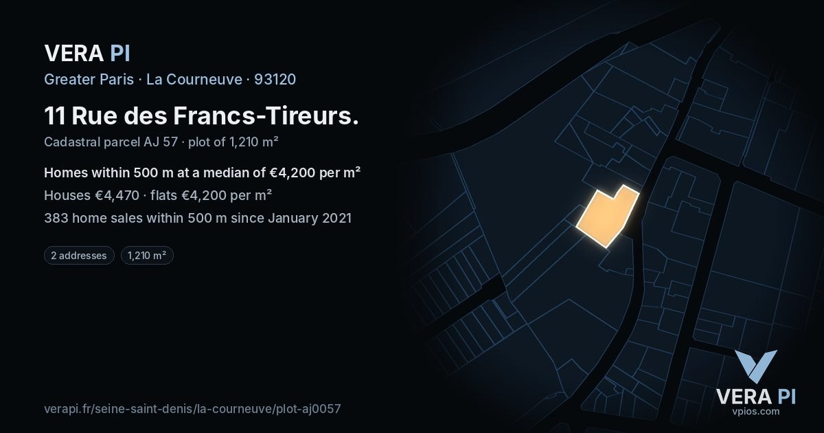 11 Rue des Francs-Tireurs, La Courneuve at night – the plot lit, the parcels around coloured by the prices near them