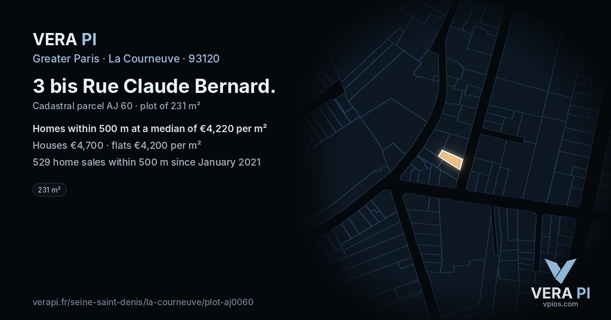 3 bis Rue Claude Bernard, La Courneuve at night – the plot lit, the parcels around coloured by the prices near them