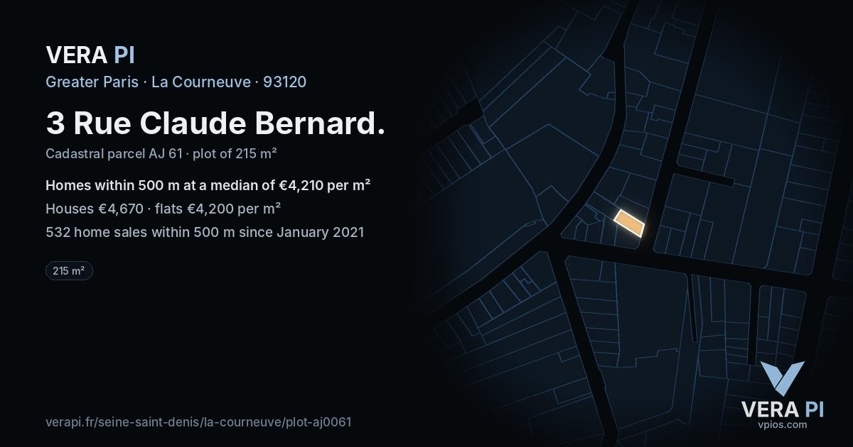 3 Rue Claude Bernard, La Courneuve at night – the plot lit, the parcels around coloured by the prices near them