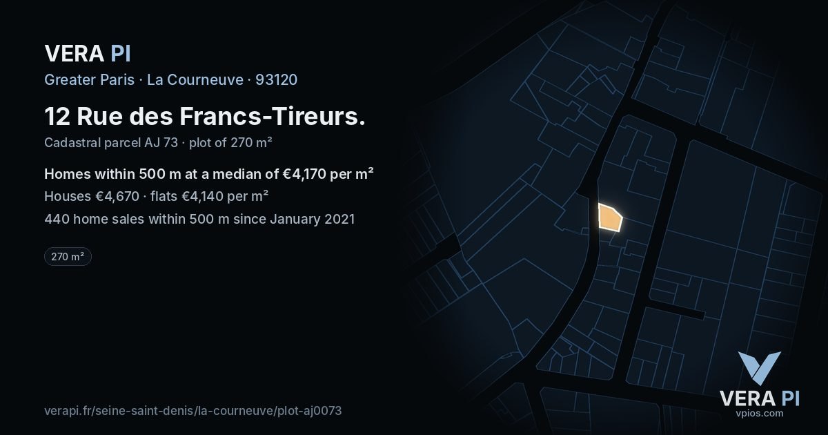 12 Rue des Francs-Tireurs, La Courneuve at night – the plot lit, the parcels around coloured by the prices near them