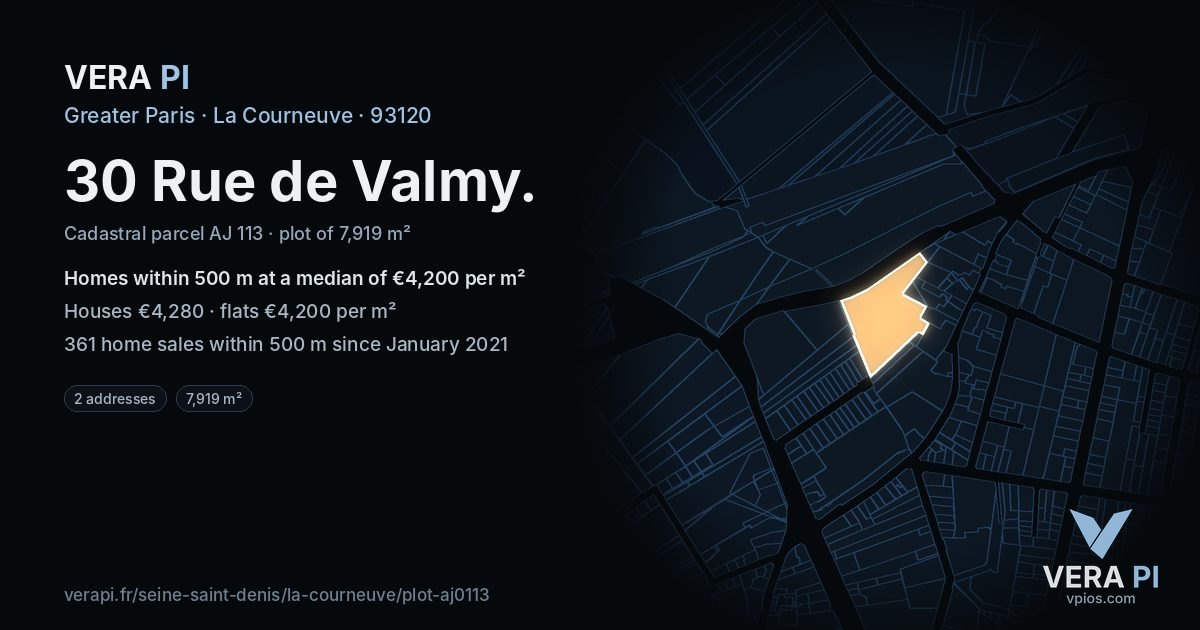30 Rue de Valmy, La Courneuve at night – the plot lit, the parcels around coloured by the prices near them