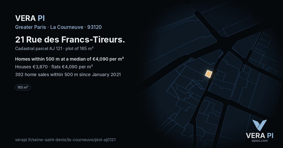 21 Rue des Francs-Tireurs, La Courneuve at night – the plot lit, the parcels around coloured by the prices near them