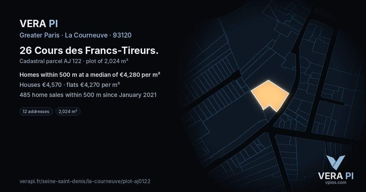 26 Cours des Francs-Tireurs, La Courneuve at night – the plot lit, the parcels around coloured by the prices near them