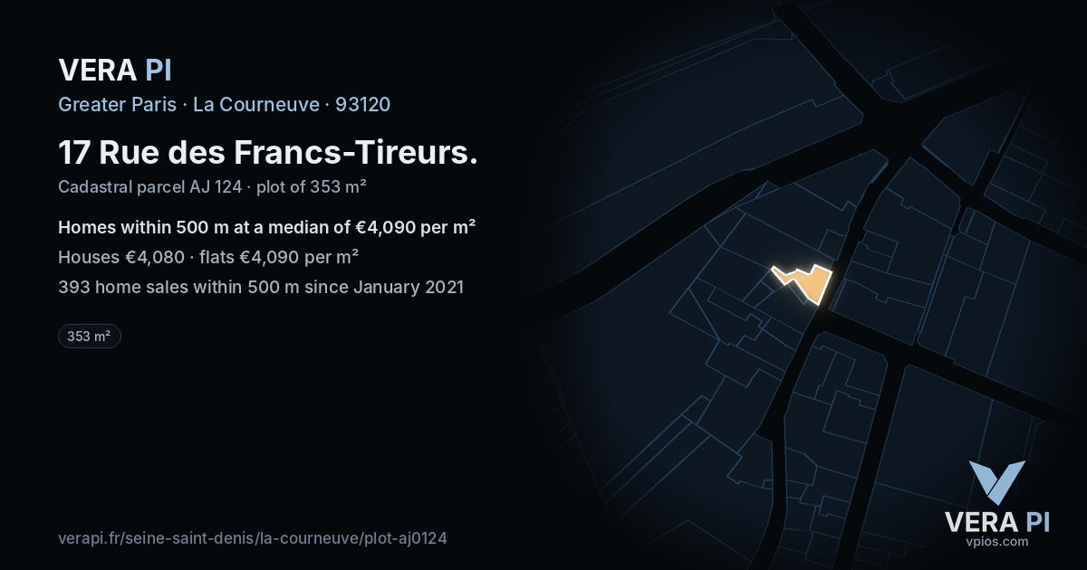 17 Rue des Francs-Tireurs, La Courneuve at night – the plot lit, the parcels around coloured by the prices near them