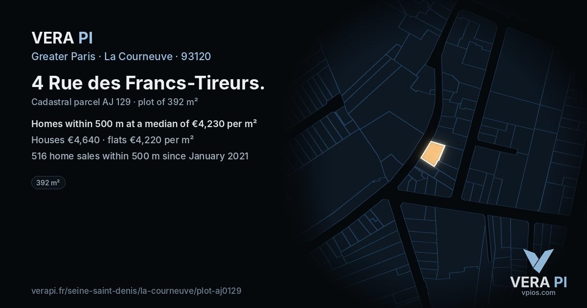 4 Rue des Francs-Tireurs, La Courneuve at night – the plot lit, the parcels around coloured by the prices near them