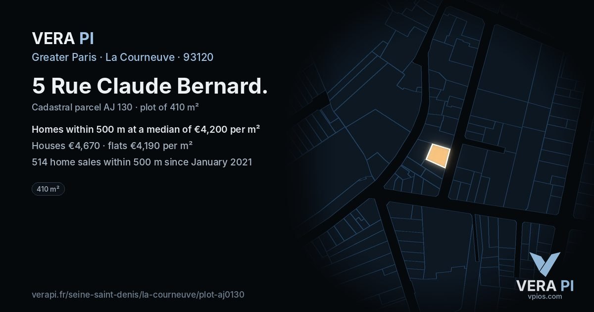 5 Rue Claude Bernard, La Courneuve at night – the plot lit, the parcels around coloured by the prices near them