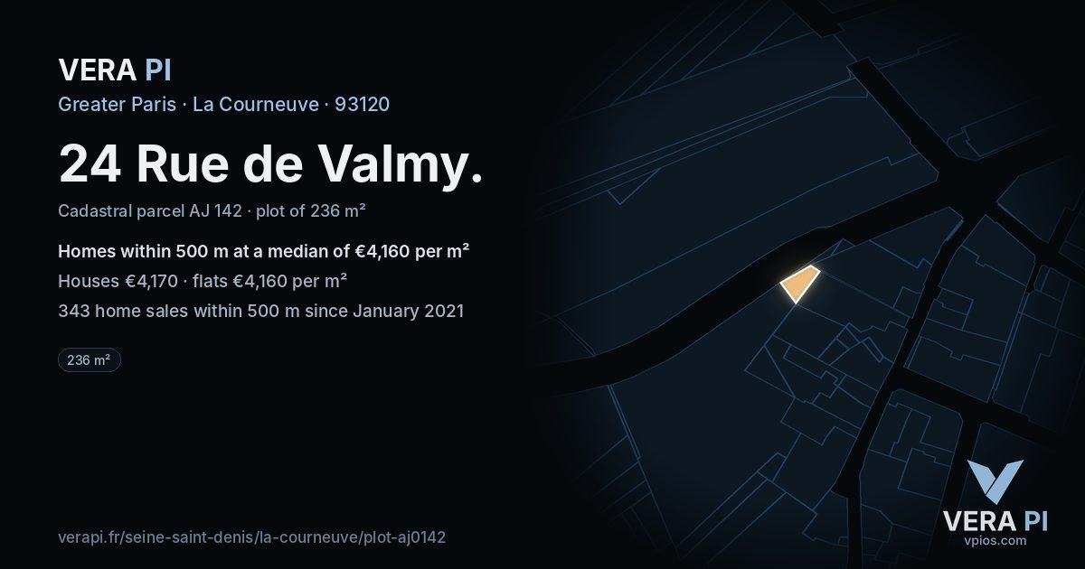 24 Rue de Valmy, La Courneuve at night – the plot lit, the parcels around coloured by the prices near them