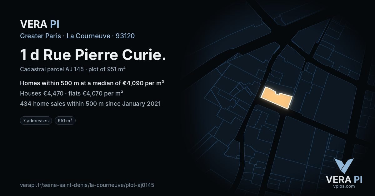 1 d Rue Pierre Curie, La Courneuve at night – the plot lit, the parcels around coloured by the prices near them