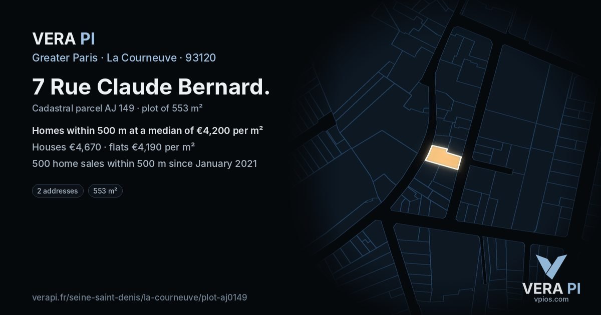 7 Rue Claude Bernard, La Courneuve at night – the plot lit, the parcels around coloured by the prices near them