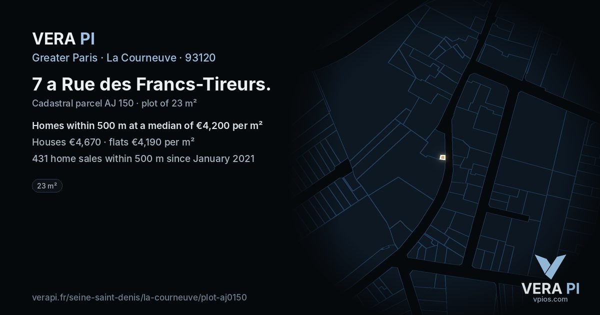 7 a Rue des Francs-Tireurs, La Courneuve at night – the plot lit, the parcels around coloured by the prices near them