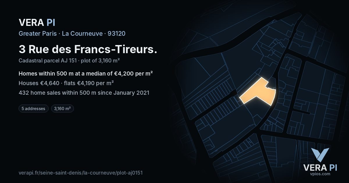 3 Rue des Francs-Tireurs, La Courneuve at night – the plot lit, the parcels around coloured by the prices near them