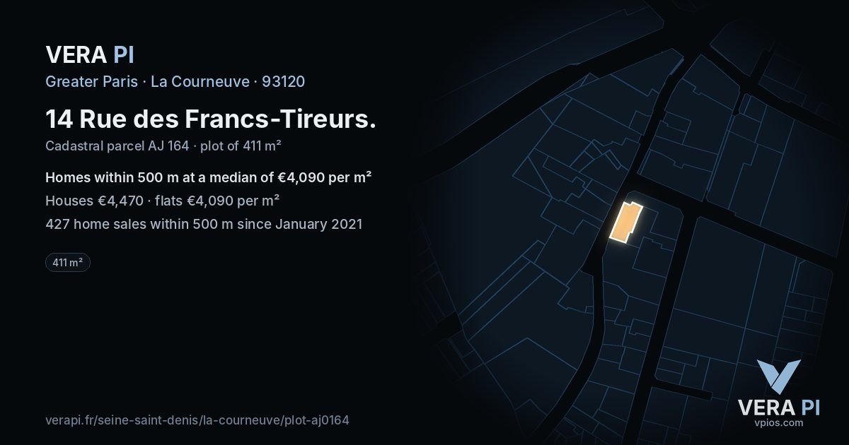 14 Rue des Francs-Tireurs, La Courneuve at night – the plot lit, the parcels around coloured by the prices near them