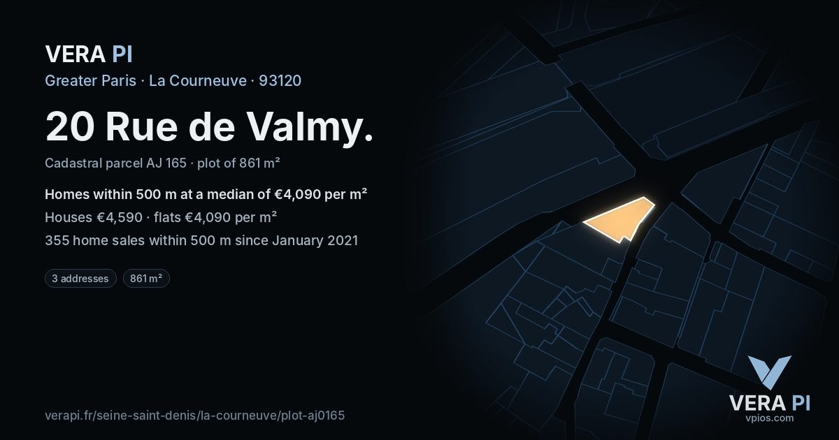 20 Rue de Valmy, La Courneuve at night – the plot lit, the parcels around coloured by the prices near them