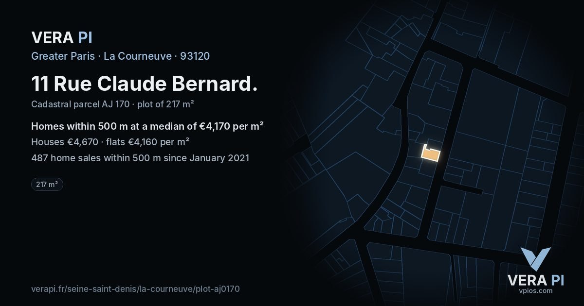 11 Rue Claude Bernard, La Courneuve at night – the plot lit, the parcels around coloured by the prices near them