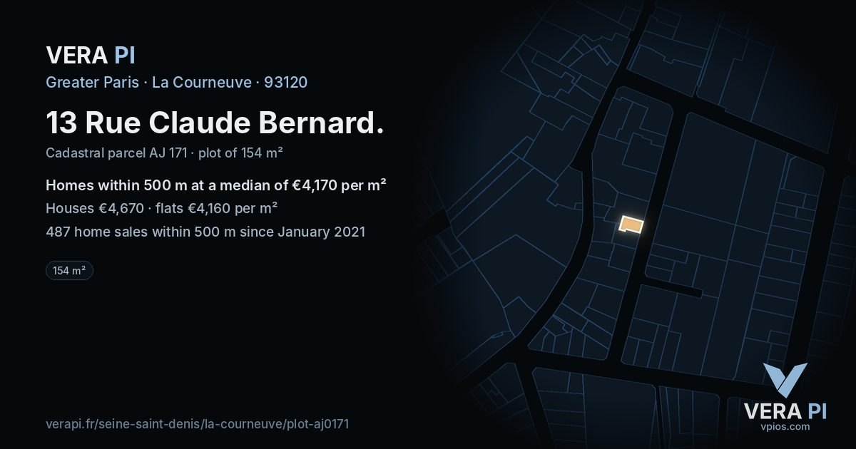 13 Rue Claude Bernard, La Courneuve at night – the plot lit, the parcels around coloured by the prices near them