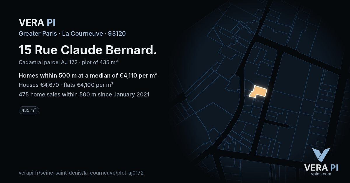 15 Rue Claude Bernard, La Courneuve at night – the plot lit, the parcels around coloured by the prices near them