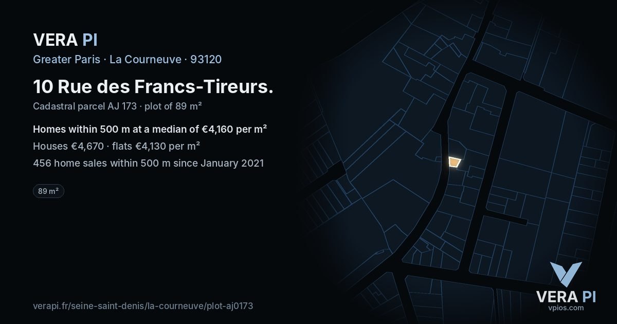 10 Rue des Francs-Tireurs, La Courneuve at night – the plot lit, the parcels around coloured by the prices near them