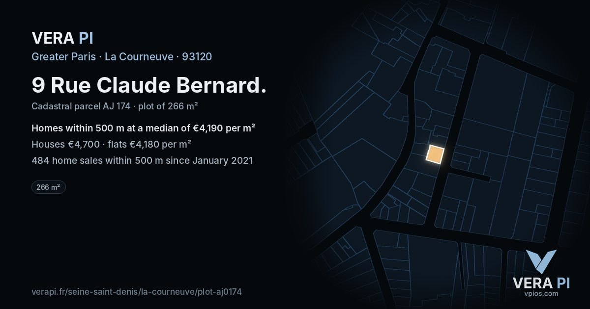 9 Rue Claude Bernard, La Courneuve at night – the plot lit, the parcels around coloured by the prices near them