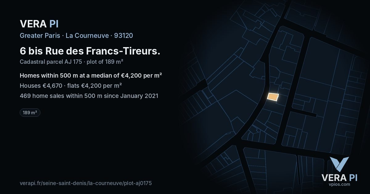 6 bis Rue des Francs-Tireurs, La Courneuve at night – the plot lit, the parcels around coloured by the prices near them