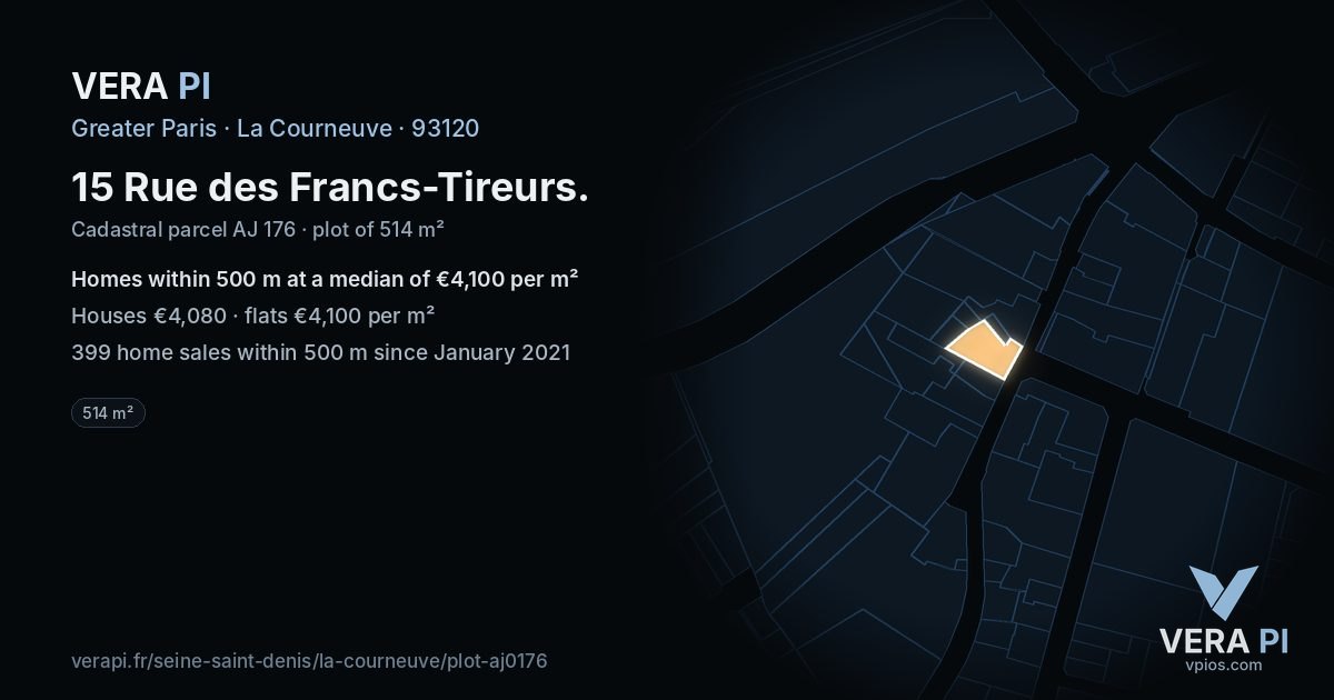 15 Rue des Francs-Tireurs, La Courneuve at night – the plot lit, the parcels around coloured by the prices near them