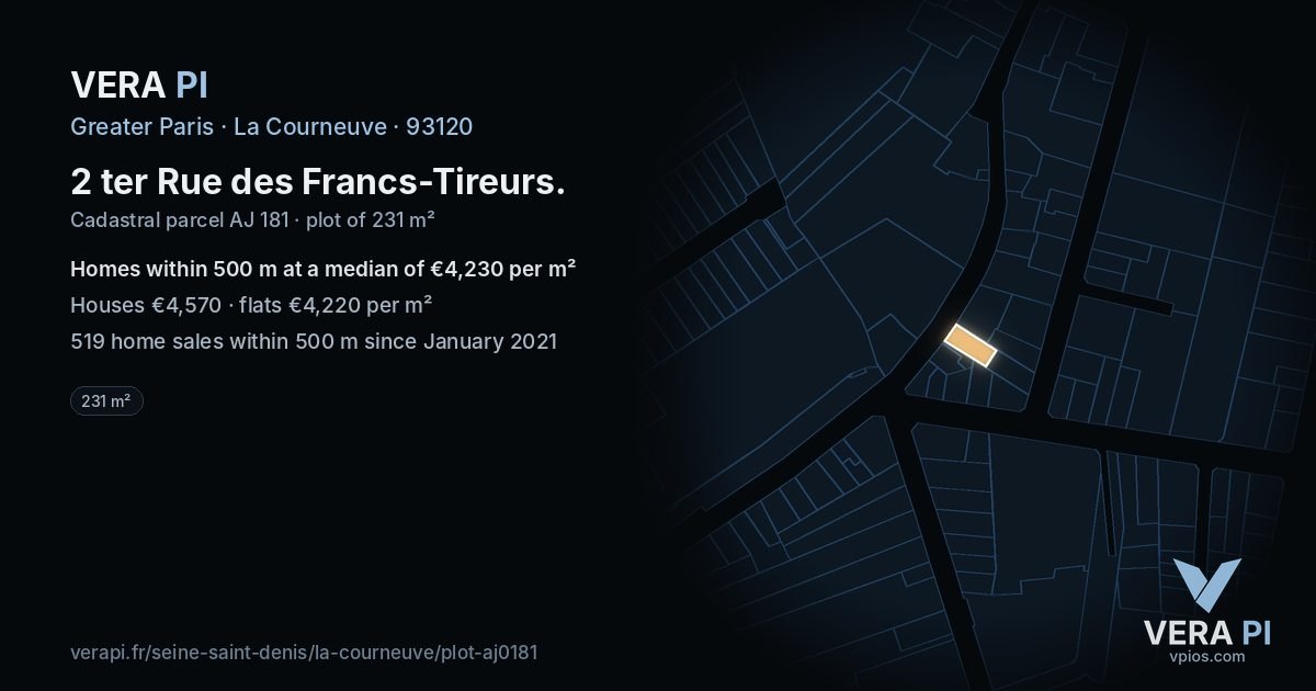 2 ter Rue des Francs-Tireurs, La Courneuve at night – the plot lit, the parcels around coloured by the prices near them
