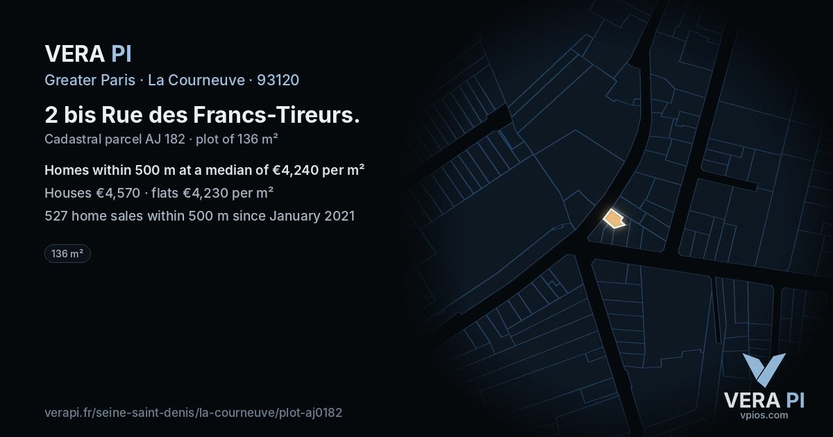 2 bis Rue des Francs-Tireurs, La Courneuve at night – the plot lit, the parcels around coloured by the prices near them